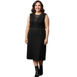 Rachel Roy Black Grommet Mesh Inset Sleeveless Midi Dress 1X Plus Size